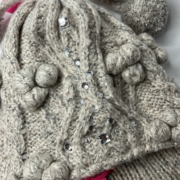 Betsey Johnson Women’s Grey/Taupe ear flap hat with poms and rhinestones - Picture 5 of 9